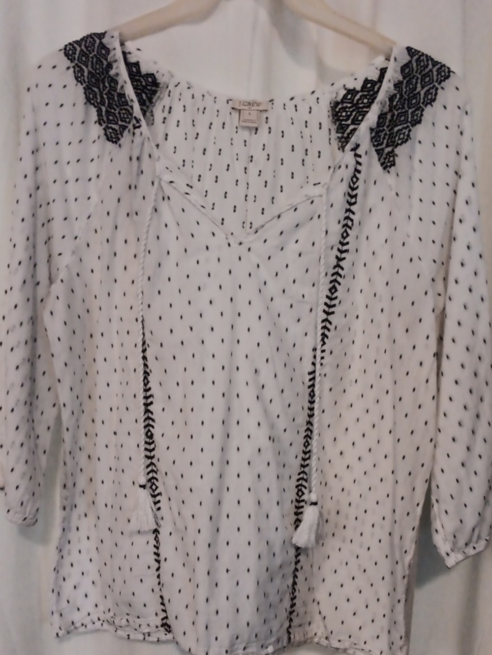 J. Crew White Tunic with Black Embroidery and Tassels
